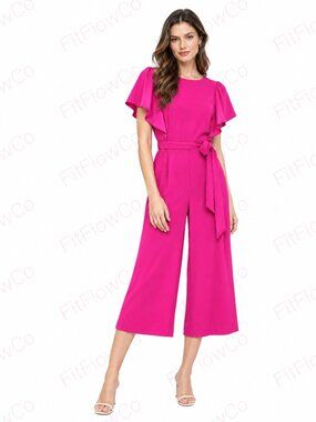 DKNY Fuchsia Flutter Sleeve Wide Leg Cropped Jumpsuit Belted Size 4 NWOT